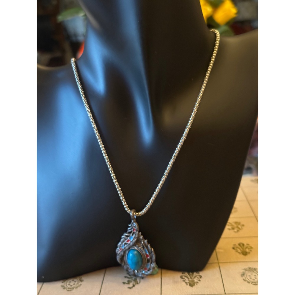 Boho Turquoise Feather Pendant Necklace Silver Tone Enamel Southwestern Style